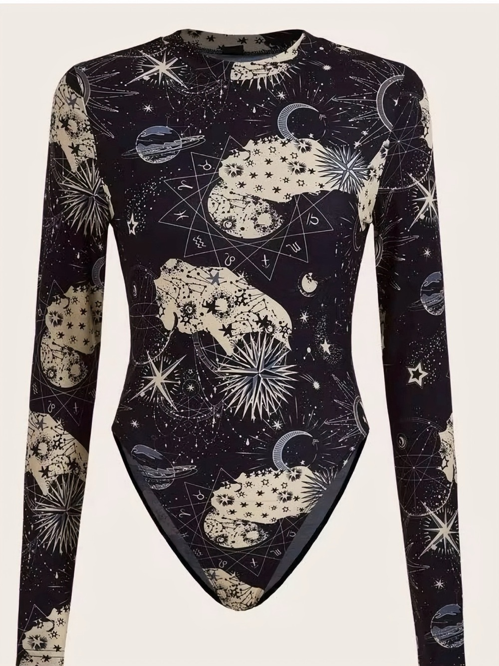 Long Sleeve Mock Neck Celestial Print Bodysuit in Black and Cream
